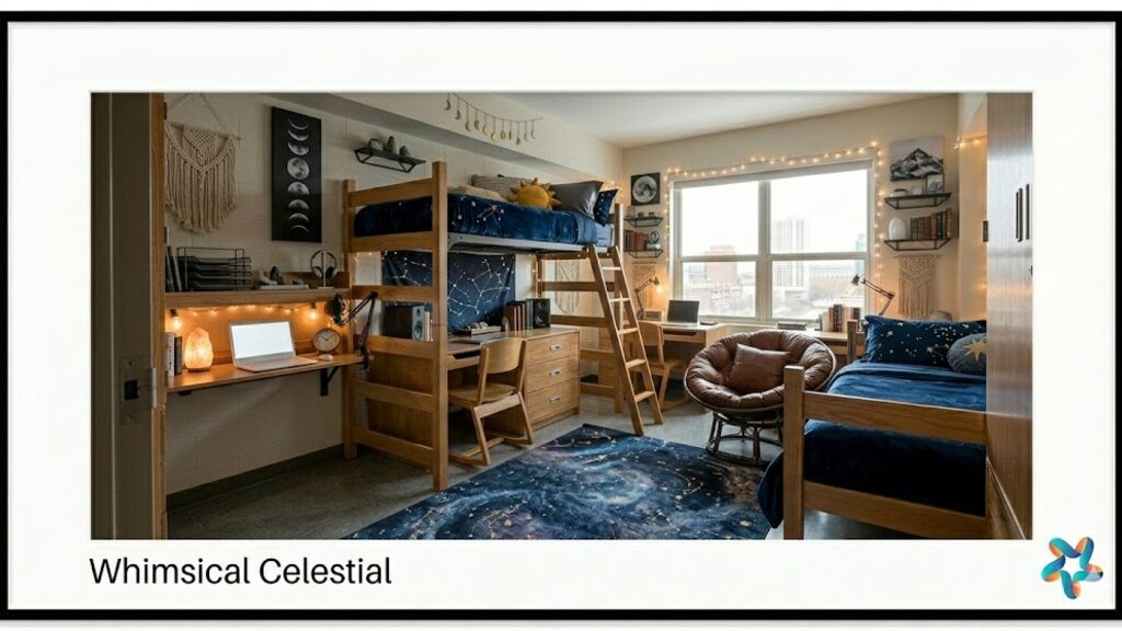Whimsical Celestial dorm room, view 2