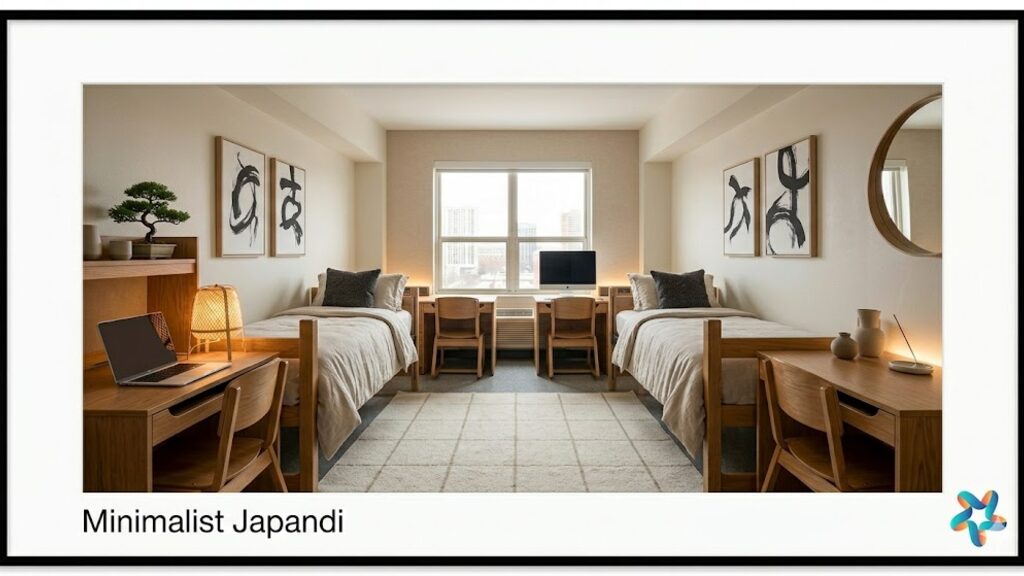 Minimalist Japandi dorm room, view 1