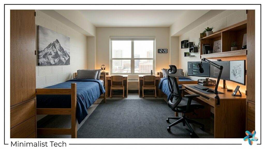 Minimalist Tech dorm room, view 1